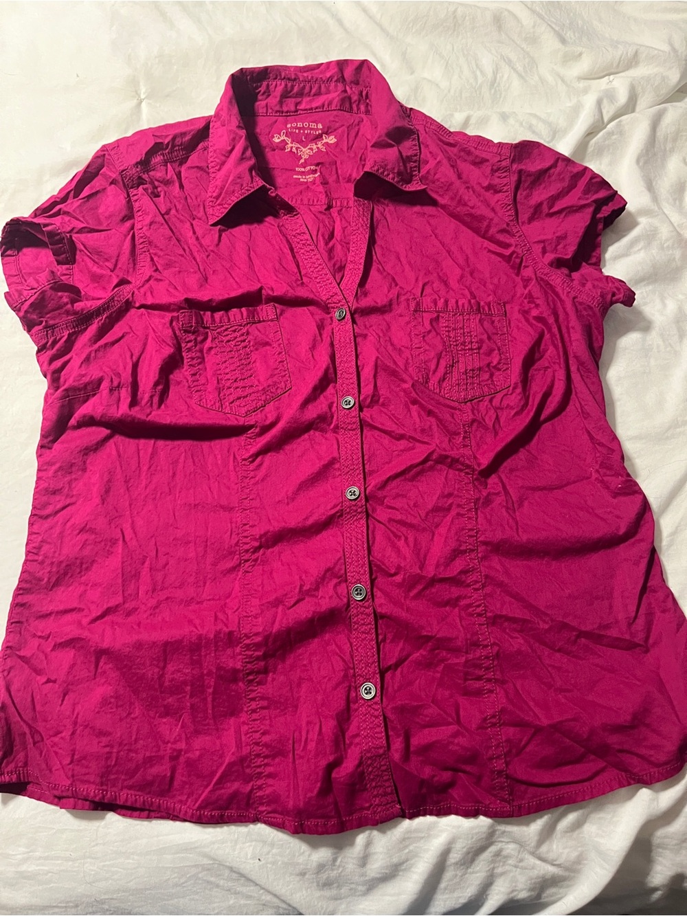 Sonoma Button cap Sleeve Shirt pink size large fitted cottagecore  100% cotton